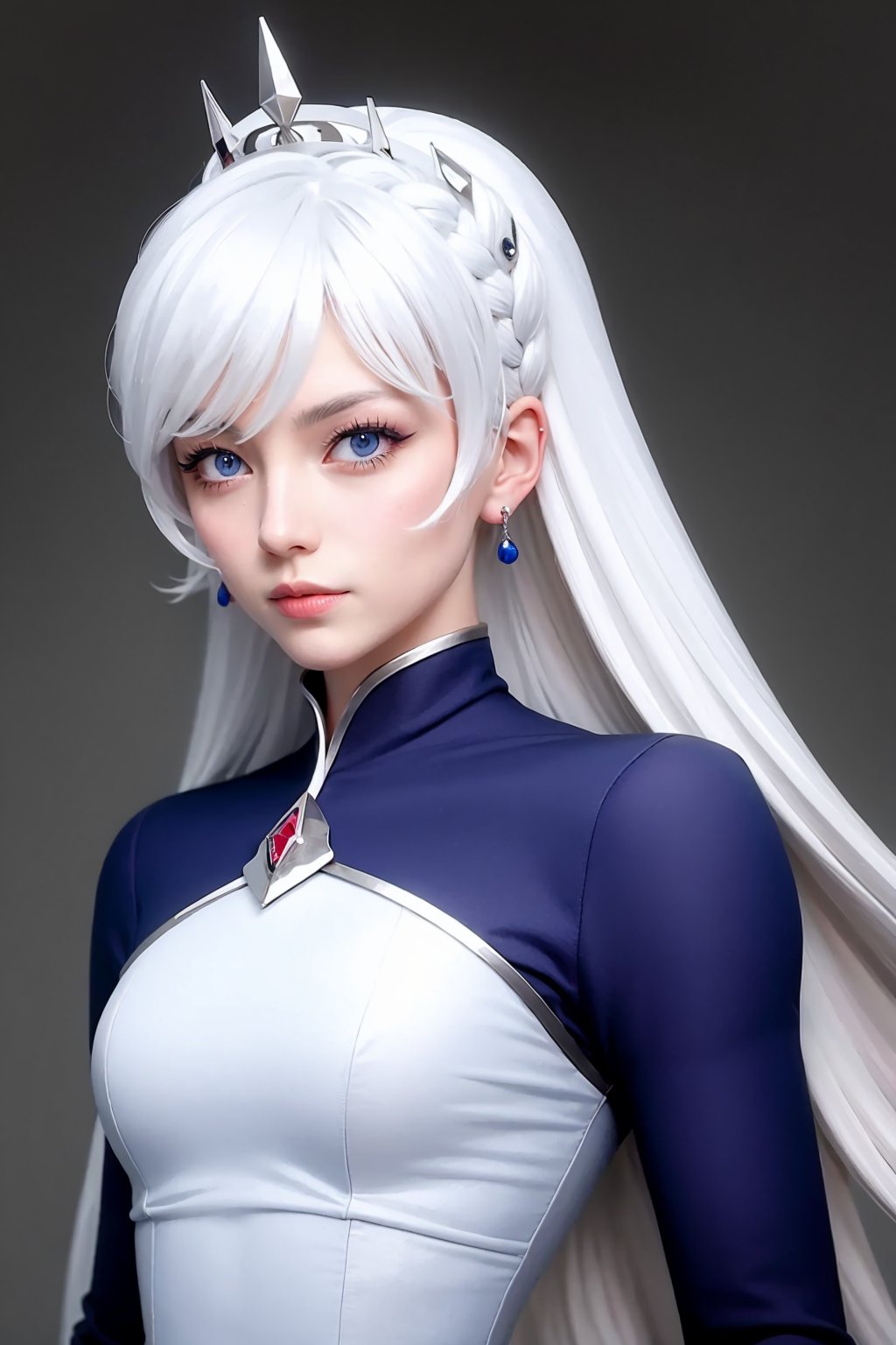 masterpiece,best quality, highly detailed, weiss schnee,1girl,solo,scar across eye,looking at viewer,earrings,scar on face<lora:weiss_schnee:1>,simple background,white background