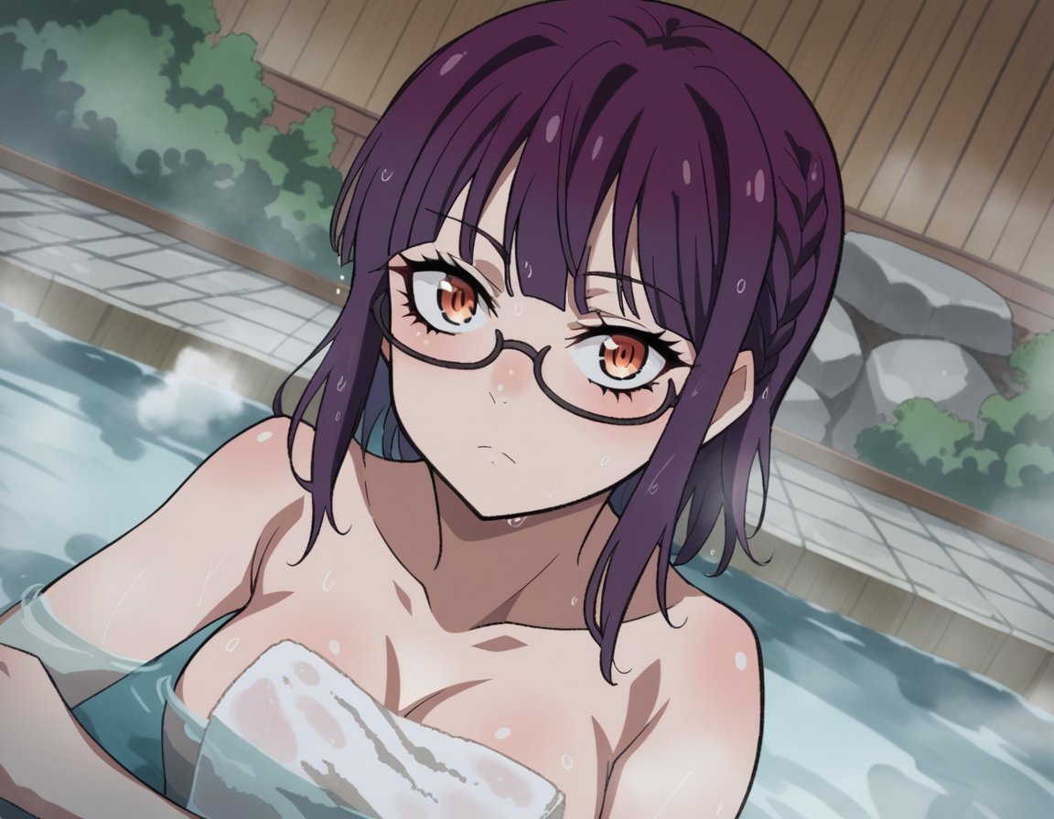 score_9, score_8_up, score_7_up, source_anime,sumikafujimiya, <lora:sumika-fujimiya-s1-ponyxl-lora-nochekaiser:1>,sumika fujimiya, brown eyes, purple hair, braid, glasses, semi-rimless eyewear, under-rim eyewear,nude, naked, outdoors, onsen, towel, naked towel, steam, bathing, nude cover, partially submerged, water, bath, steam censor, wet towel,looking at viewer, dutch angle,