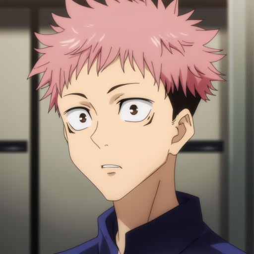 cowboy shot, solo, looking at viewer, yuuji_itadori, 1boy, pink hair, brown eyes, short hair, undercut, spiked hair