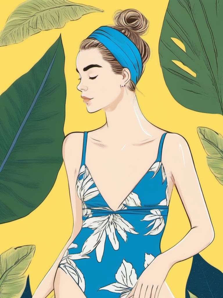 1NK , <lora:1NK:1>,The image shows a young woman in a blue one-piece swimsuit with a floral pattern. She is standing in front of a yellow background with large green leaves scattered around her. Her hair is styled in a messy bun with a blue headband tied around her head. She has her arms stretched above her head and her eyes are closed, as if she is deep in thought. The overall style of the illustration is summery and playful.