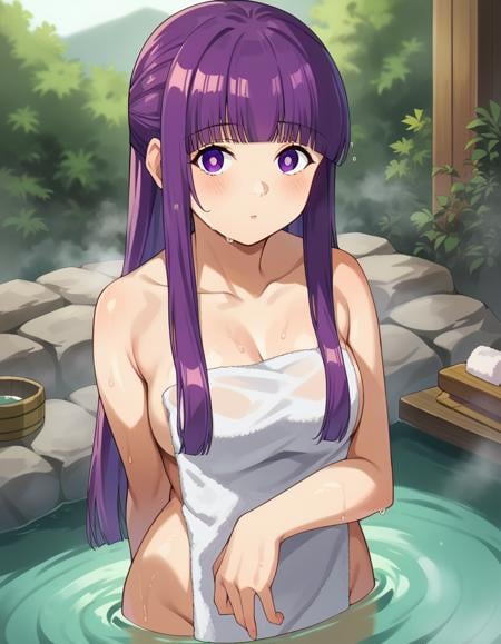 score_9, score_8_up, score_7_up, source_anime,fern, <lora:fern-s1-ponyxl-lora-nochekaiser:1>,fern, long hair, bangs, purple eyes, purple hair, sidelocks, blunt bangs, bright pupils, half updo,nude, naked, outdoors, onsen, towel, naked towel, steam, bathing, nude cover, partially submerged, water, bath, steam censor, wet towel,looking at viewer, cowboy shot, dutch angle,