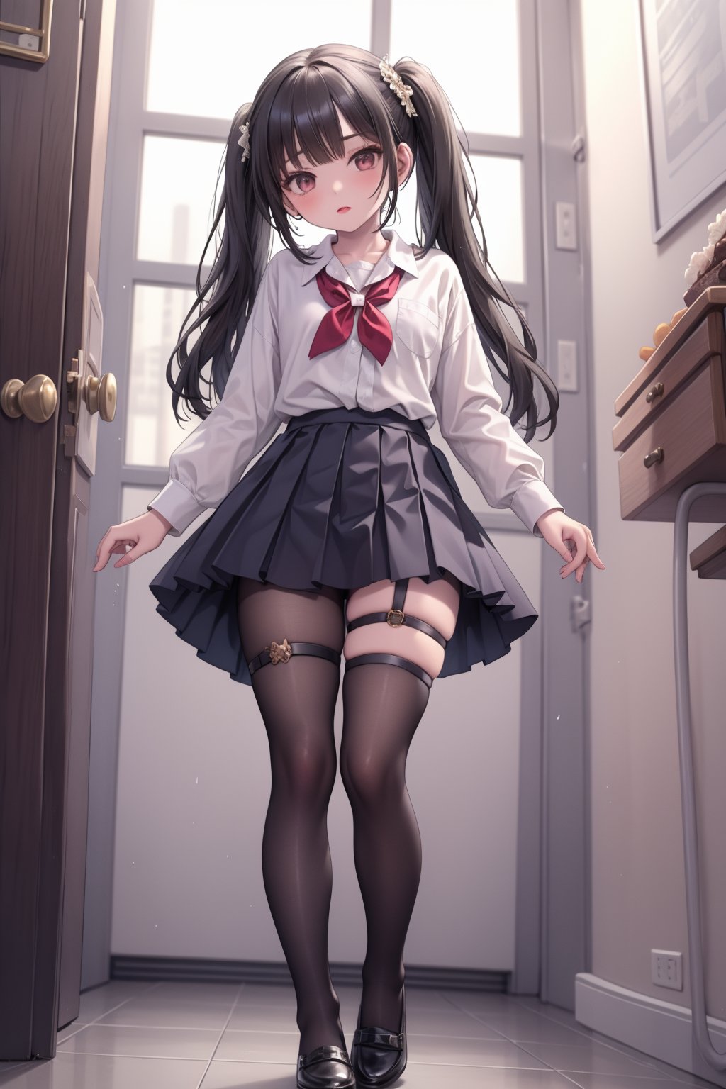 1girl,skirt,solo,shirt,long hair,(thigh strap:1.5),white shirt,school uniform,holding,(pantyhose:1.3),white pantyhose,pleated skirt,black skirt,twintails,full body,