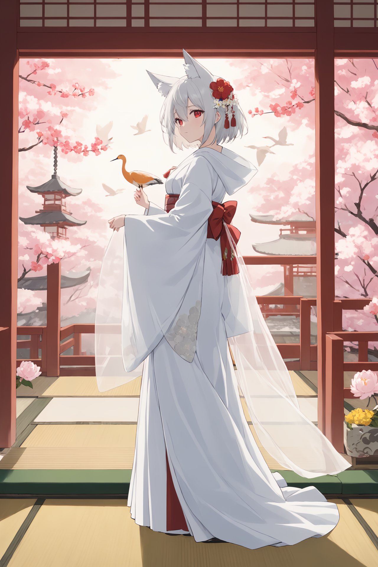 (masterpiece),(highest quality),highres,(an extremely delicate and beautiful),(extremely detailed),1girl, tail, animal ears, bird, red eyes, fox ears, uchikake, japanese clothes, veil, tail, flower, solo, fox tail, looking at viewer, kimono, white hair, fox girl, standing, long sleeves, wide sleeves, indoors, bangs, eyebrows visible through hair, tatami, full body, closed mouth, white kimono, bride, wedding dress, red flower, bridal veil, yellow flower, holding, tree, floral print, hair ornament, hood, see-through, from side, sidelocks, animal ear fluff, animal, tassel, short hair, long hair, dress, crane \(animal\), white flower, silver hair, ribbon, peony \(flower\), hair between eyes, railing, branch, cherry blossoms,depth of field, blurry foreground, blurry background