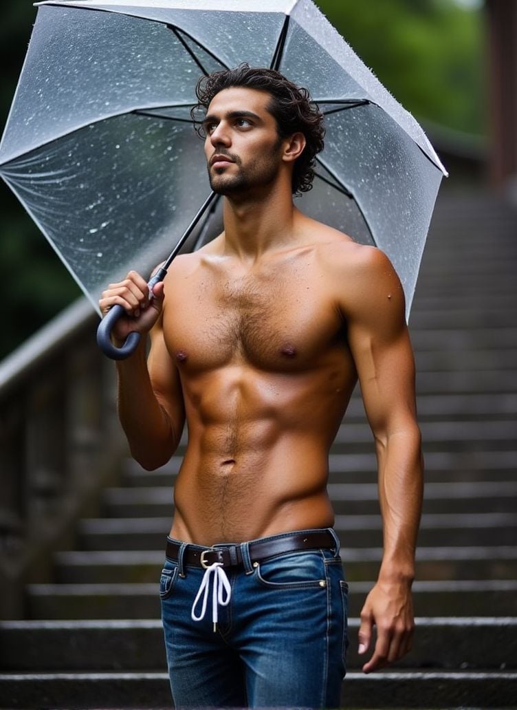 Thomas Ceccon ,  stands on a large stone staircase. the rainwater cascading on the steps. He holds a transparent umbrella...