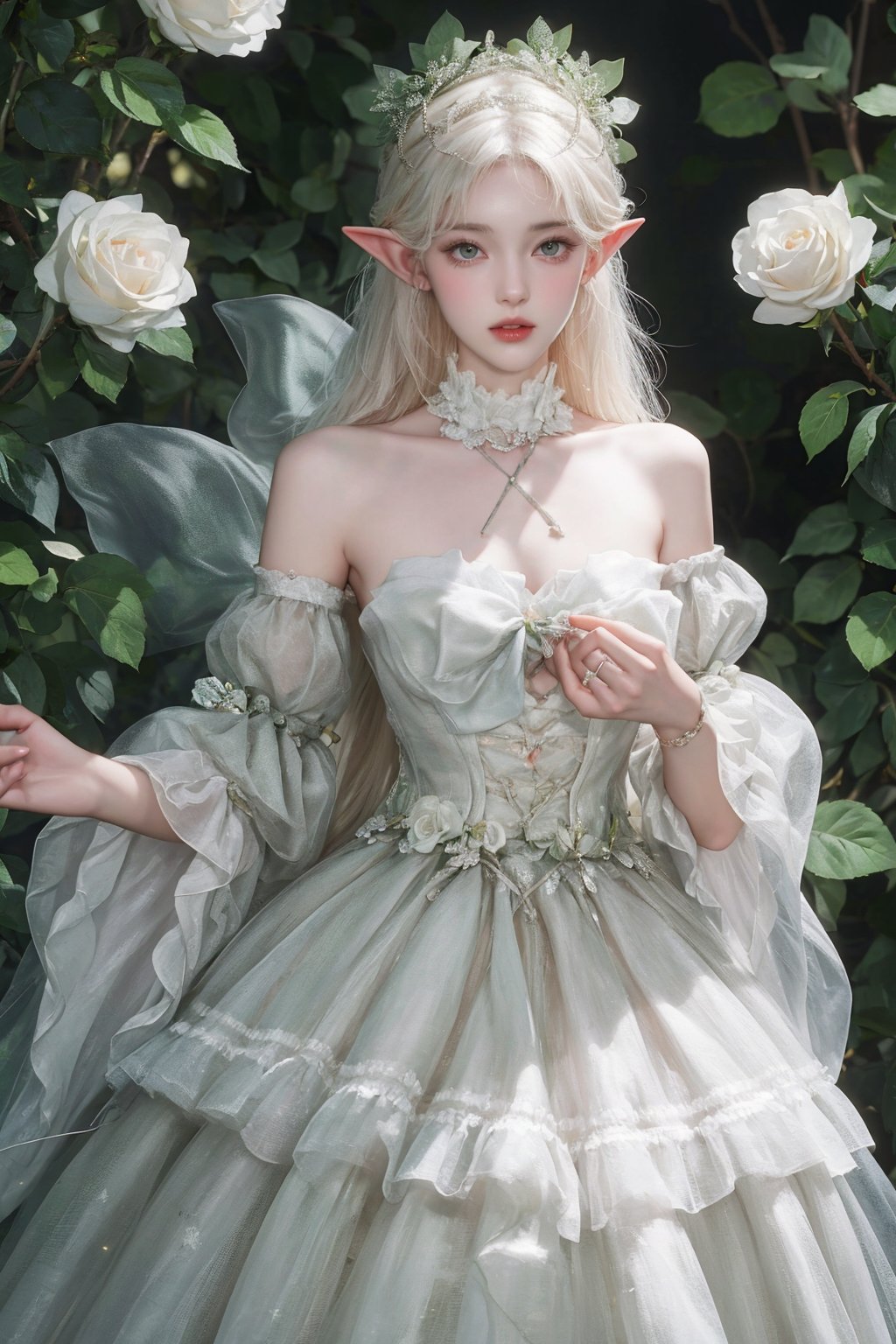 future006,Bare shoulders,Split sleeves,Hair accessories,Halterneck,elf,Strapless dress,White dress,White roses,Wide sleeves,<lora:future006-精灵裙:0.8>,, best quality,masterpiece,highres,official art,extremely detailed cg unity 8k wallpaper,