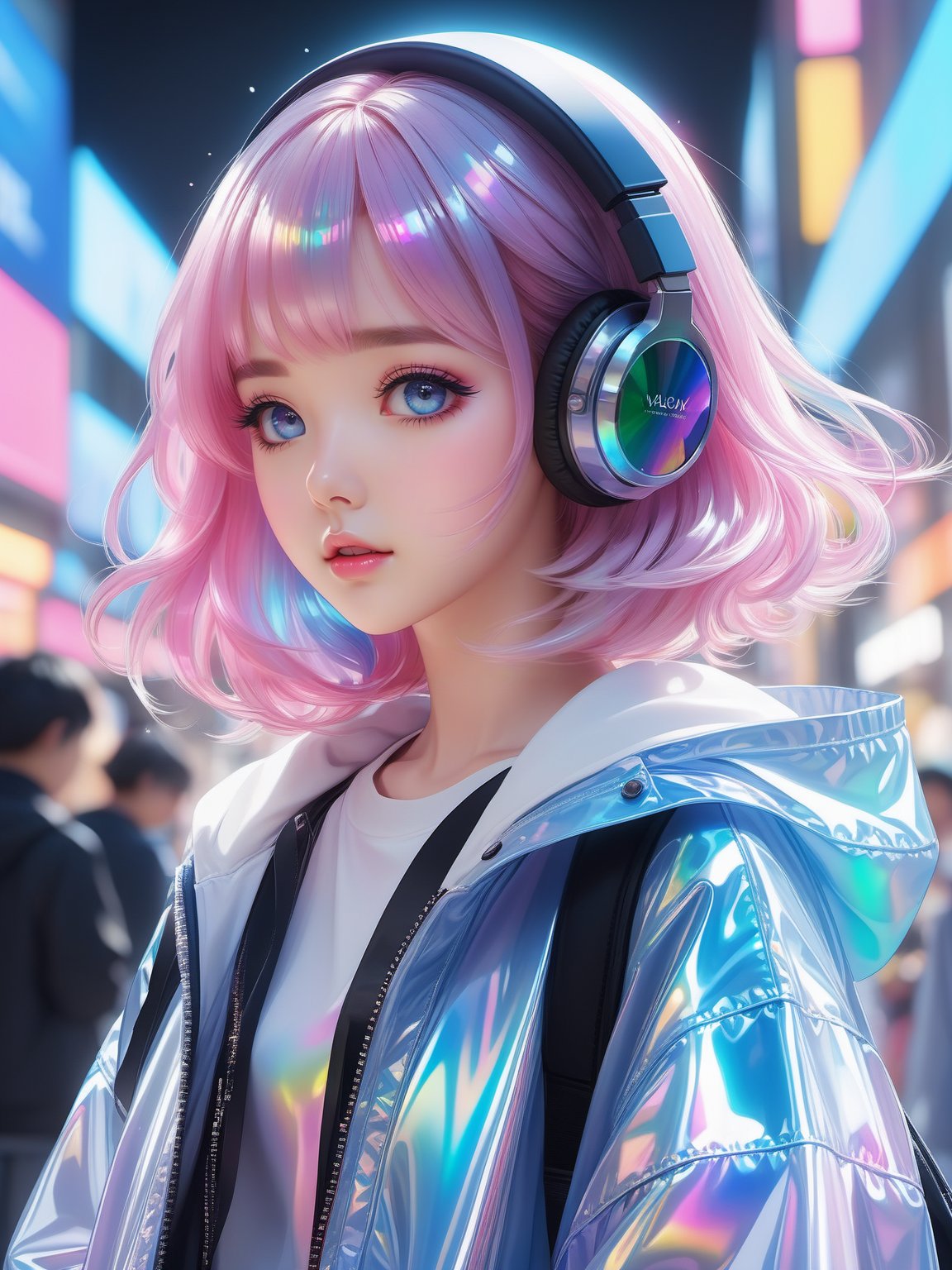 Best quality,masterpiece,transparent color PVC clothing,transparent color vinyl clothing,prismatic,holographic,chromatic aberration,fashion illustration,masterpiece,girl with harajuku fashion,looking at viewer,8k,ultra detailed,pixiv,