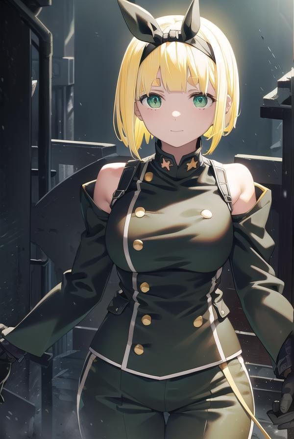 shushusuruga, <lora:shushu suruga manga-lora-nochekaiser:1>,shushu suruga, short hair, bangs, hair ribbon, hairband, blunt bangs, thick eyebrows, (green eyes:1.5), (yellow hair:1.5), smile,BREAK gloves, shorts, elbow gloves, belt, buttons, military uniform, military, (bare shoulders:1.5), (black military uniform:1.7),BREAK outdoors, space, starry sky, star \(sky\), moon,BREAK looking at viewer, (cowboy shot:1.5),BREAK <lyco:GoodHands-beta2:1>, (masterpiece:1.2), best quality, high resolution, unity 8k wallpaper, (illustration:0.8), (beautiful detailed eyes:1.6), extremely detailed face, perfect lighting, extremely detailed CG, (perfect hands, perfect anatomy),