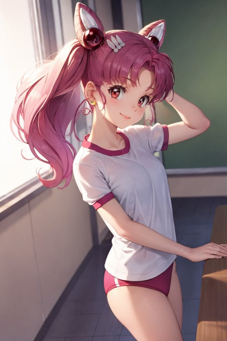 masterpiece, best quality,1girl, chibiusa, pink hair, twintails, cone hair bun, double bun,  red eyes, earrings, hair ornament, tiara, hairpin,gym uniform, white shirt, red buruma,smile, standing, solo, looking at viewer, indoors, classroom background    <lora:Chibiusa:1>