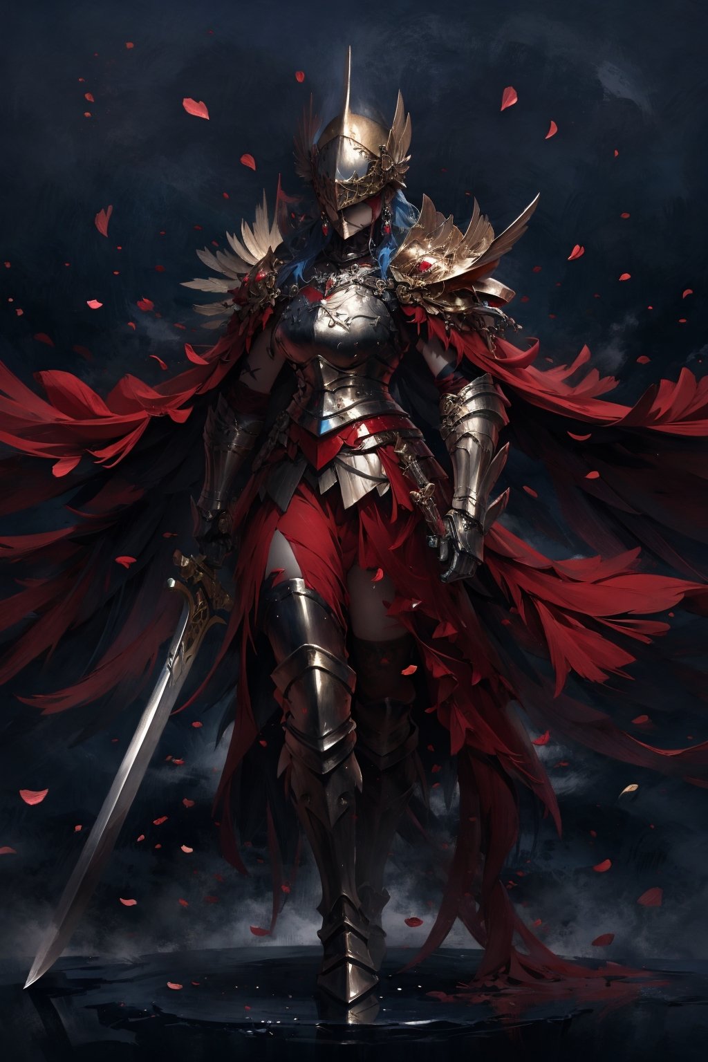 1girl，solo，jewelry，earrings，helmet，holding weapon，holding sword，Malenia in Elden Ring, dragon scale hat, in the style of epic fantasy scenes, gold and crimson,golden helmet,ritualistic masks with gold wings spread on it, mythical,Petals drift around her as her once-pristine form undergoes a graceful decay,glowing crimson eyes,in the underground cave with light shooting through the hole on the top,32k uhd,   painted by MichaelCTY(Chang Ting Yu),medieval knight armor,in the style of Dark SoulⅢ,painted by hamaya and macros,dark fantasy,majestic attire,captivating light,solarizing master,strong emotional impact,majestic figures，<lora:绪儿-女武神 winged helmet:0.8>