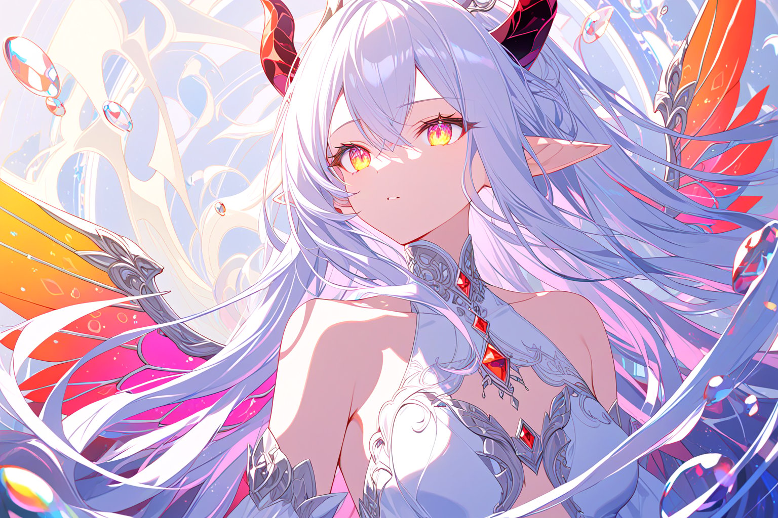 1girl,solo, portrait, upper body, close-up, eye focus,bubbles around, (lots of big colorful Bubbles:1.33), rainbow colors, colorful,iridescent long hair, iridescent horns, pointy ears,angel wings, glowing wings, alternative wings,small breasts, shapely breasts,(beautiful detailed eyes:1.1), symmetrical eyes, clean facial features, good posture,succubus, succubus demon, succubus body, demon girl, demon horns,halter dress, detailed white dress with decorations, detailed detached sleeves, jewelry, gem, crystal,beautiful art, ultra-detailed, (8k:1.1), (HDR:1.1), (sharp focus:1.1), (intricate:1.1),(beautiful and aesthetic:1.2), (very detailed background:1.1), (highly detailed background:1.1),symmetrical, octane render, 35mm, bokeh, 9:16,(intricate details:1.15), (hyperdetailed:1.15), (soft light:1.2), (sharp:1.2), detailed,(backlighting:1.1), (detailed light:1.1), detailed background, extremely detailed, highest detailed,Iridescence, depth of field, flat color, vector art, negative space, fantasy, high contrast, cinematic angle, cinematic lighting,newest, recent, masterpiece, best quality, normal quality