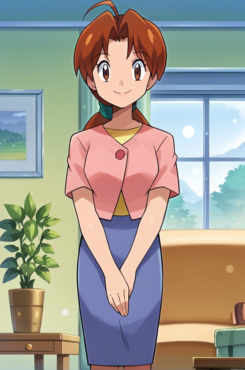 score_9, score_8_up, score_7_up, score_6_up, score_5_up, score_4_up, source_anime, BREAK 1girl, <lora:Delia_Ketchum:1>, deliaketchum, brown hair, low ponytail, ahoge, brown eyes, aqua scrunchie, deliahome, layered clothes, pink shirt, yellow shirt, pink button, blue skirt, thighs, looking at viewer, smile, v arms, living room