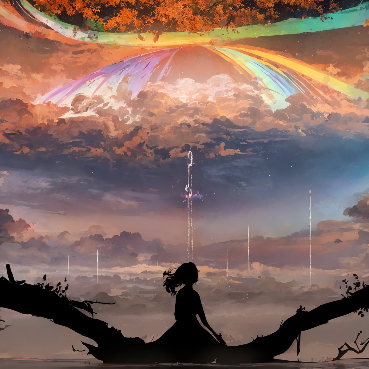 1girl, flowers, leaf, swirling mist, rainbow mist, dripping, traditional texture, (silhouette:1.3), rainbow:1.3, nebula, clouds, moon, meteor shower, post surrealism art