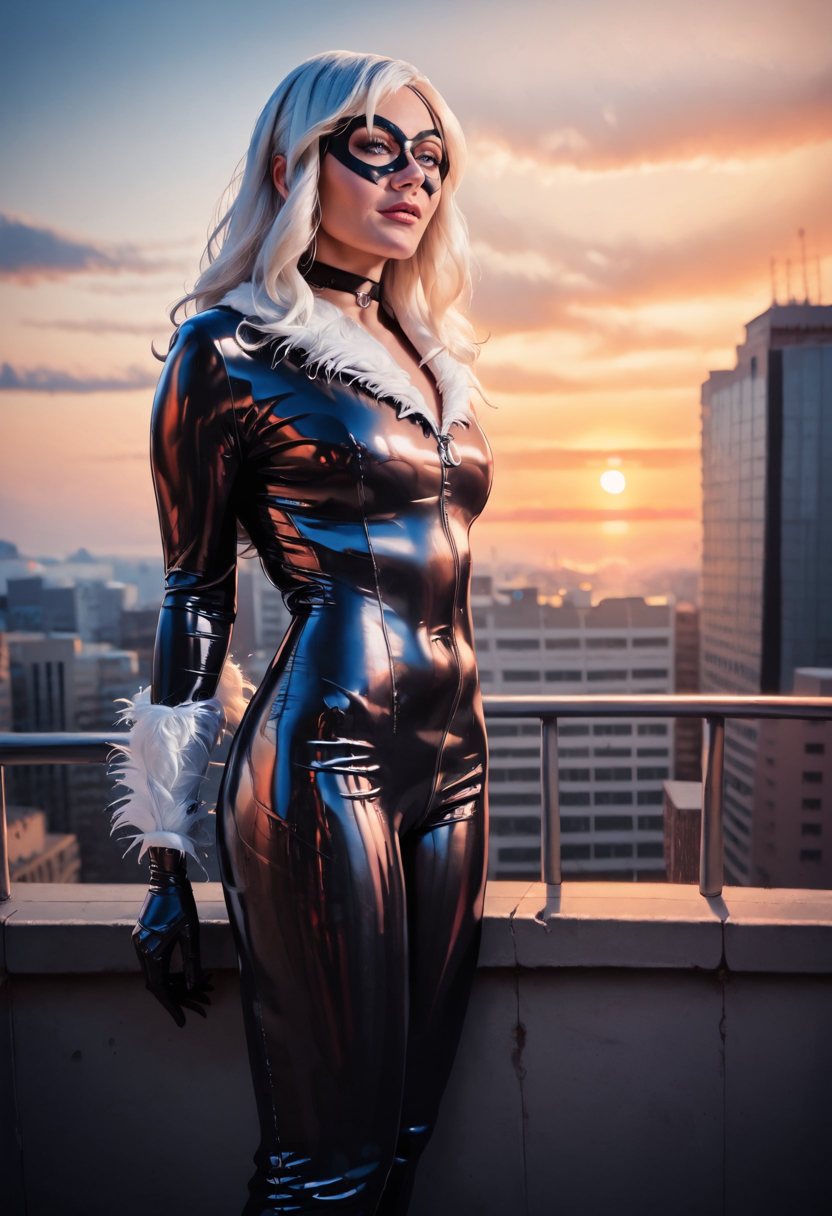 scorscore_9, score_8_up, score_7_up, score_6_up,ellaPurnell,  <lora:ellaPurnellPony:1>, standing on a rooftop, sunset,, ,blkct, white hair, mask, latex bodysuit, choker, fur trim,  <lora:blackCatCosplayPony:0.8>