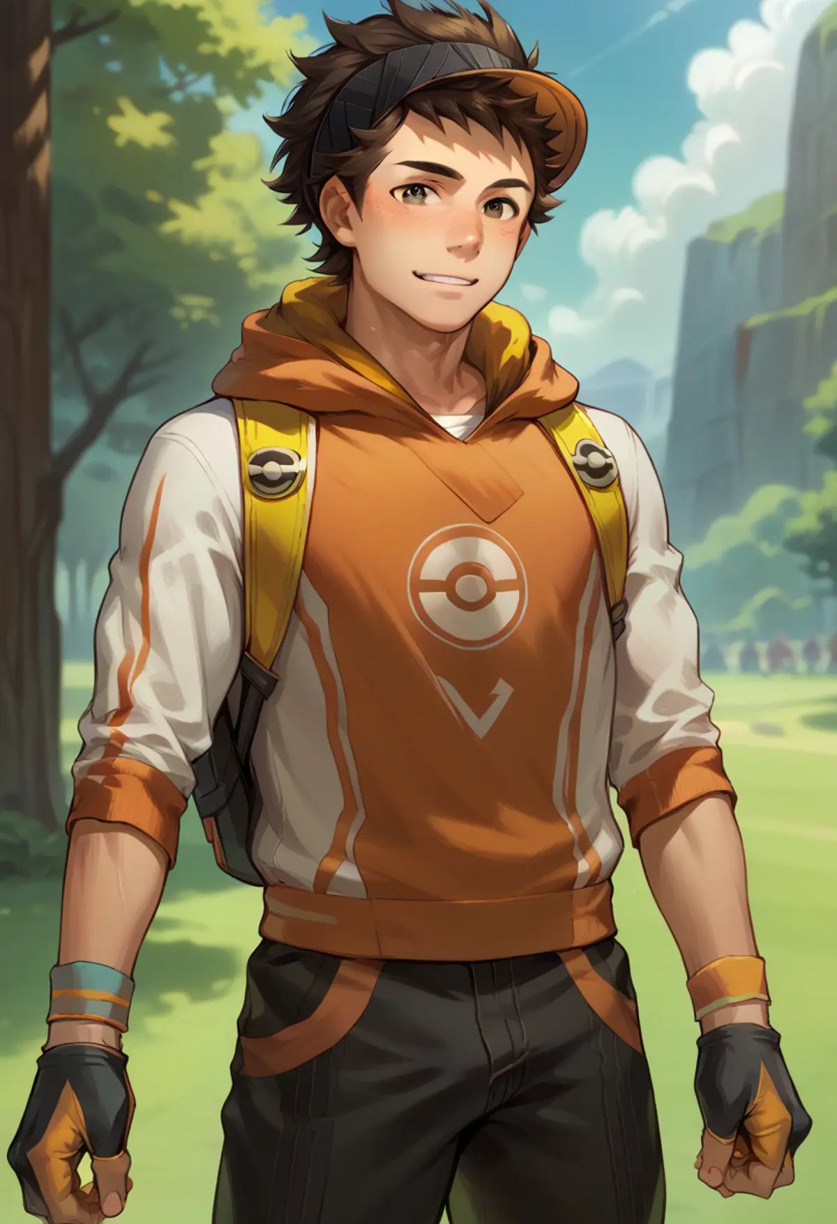 score_9, score_8_up, score_7_up, masterpiece, best quality, cute, male focus,GO_pokemon, brown eyes, brown hair, orange with white hoodie, visor cap, black capri pants, wristband,fingerless gloves, black leggings, sneakers<lora:EMS-363163-EMS:1.000000>