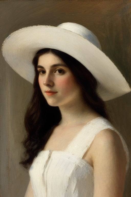 Impressionism, in the style of Frank Weston Benson, "Portrait of a young woman with dark hair, white hat, long flowing white dress", (extremely sharp:1.2), (high-definition:1.2), (clean, crisp edges:1.2), (ultra-sharp textures:1.2), (focus on fine details:1.2), (high contrast lighting:1.2), (perfect clarity:1.2)