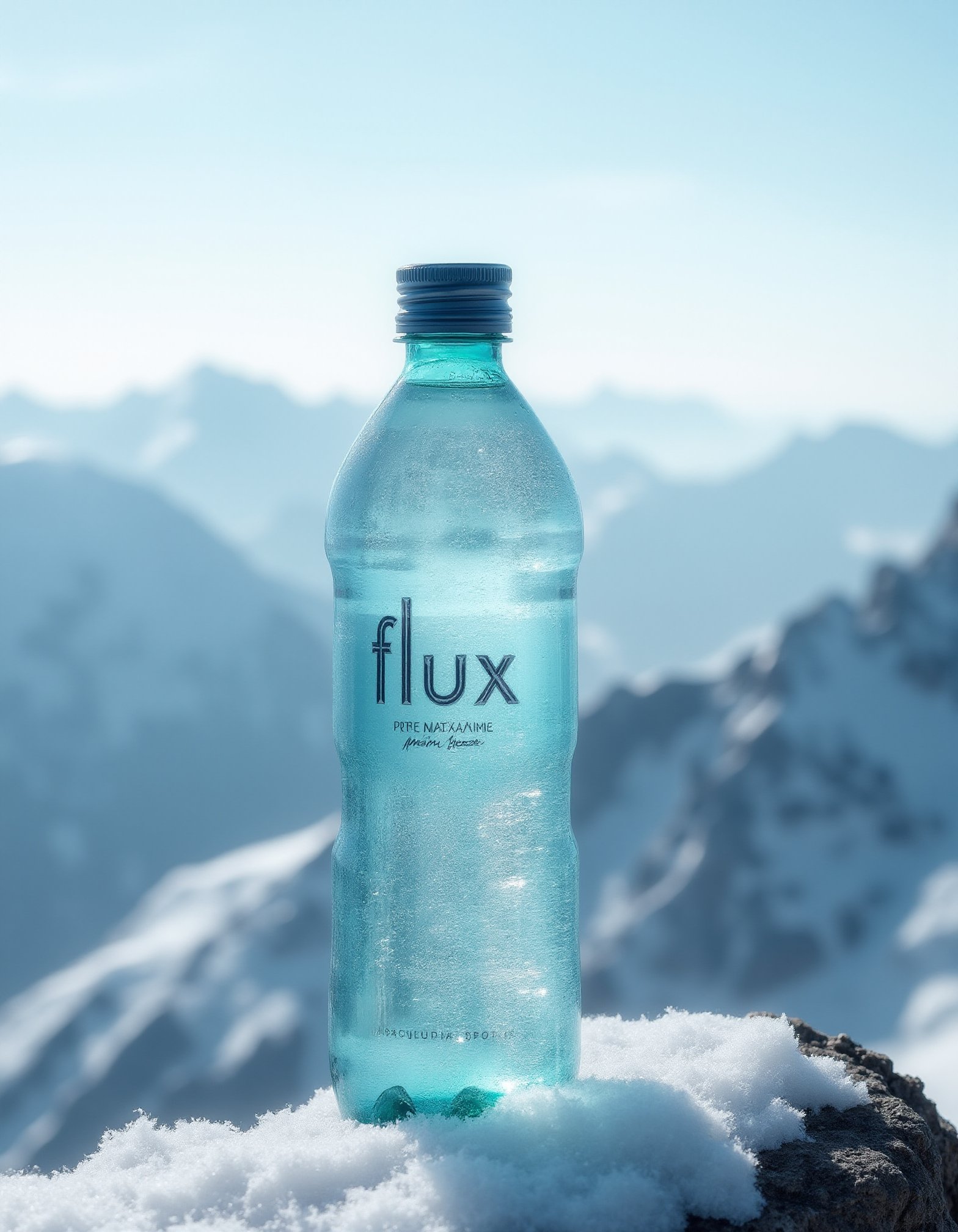 advertising photo of 1 bottle of mineral water at the top of the snowy mountain,8k,the mineral water reads 'flux pure natural mineral water',