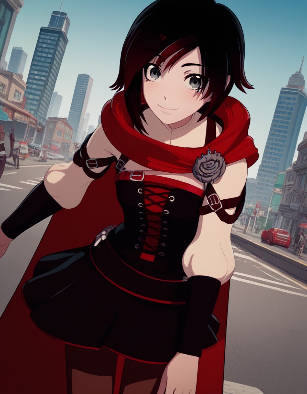 score_9, score_8_up, score_7_up, source_anime, <lora:ruby-rose-ponyxl-lora-nochekaiser:1>, ruby rose, short hair, black hair, red hair, grey eyes,, dress, pantyhose, cape, corset, belt,, cityscape, street, bent over, smile, looking at viewer, solo, cowboy shot, dutch angle