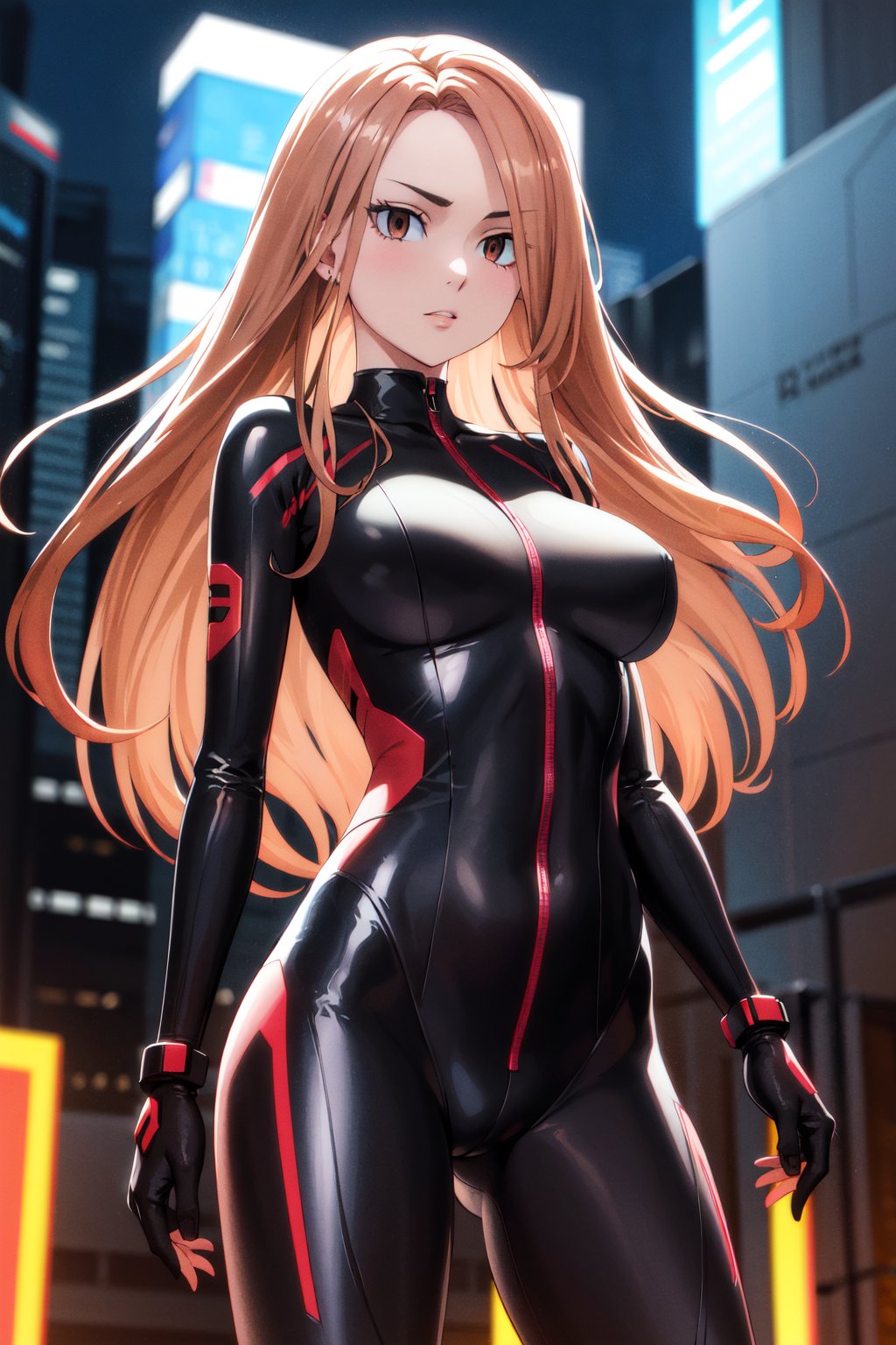 masterpiece, best quality, highres, 1girl, solo, long hair, brown hair, brown eyes, <lora:shiba_yuzuha_v1:0.7>, bodysuit, night, city, standing, cyberpunk, 