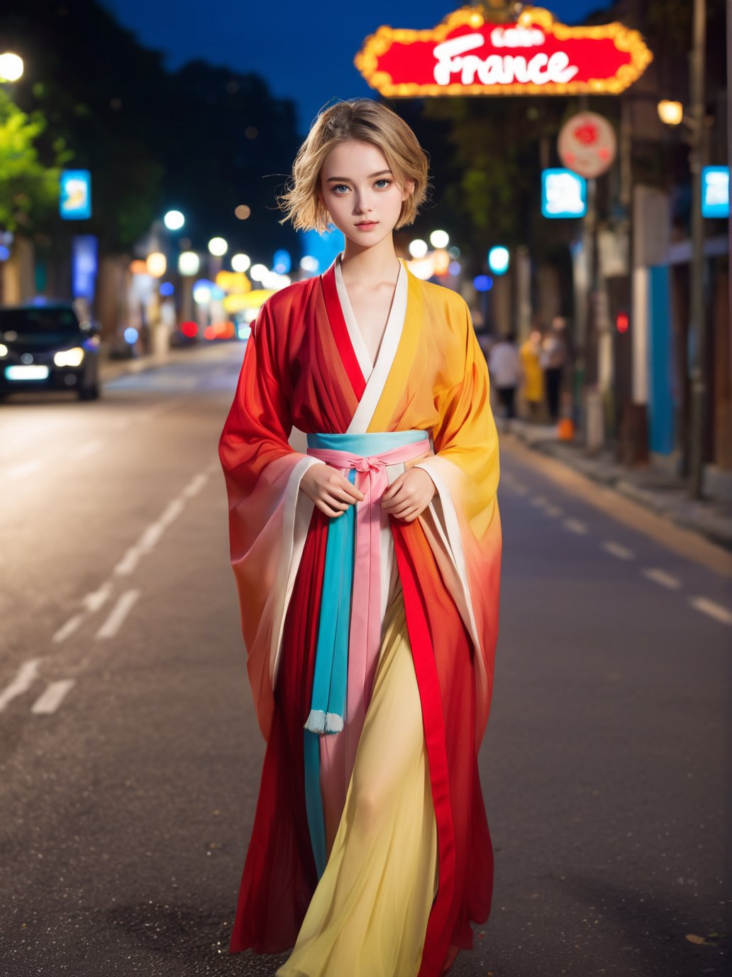 Extremely beautiful 18 y.o france girl runing,(Extremely cure beauty:1.2),highly clear face,Night noise city road,very cute,phenomenal aesthetic,Amazing photos,Cinematic Lighting,Sexy,Clear perfect eyes,light gold short hair,bokeh,Sexy self-confidence,proud and independent,flowing light and colorful colors,hanfu,slender face,ornate,red,black,