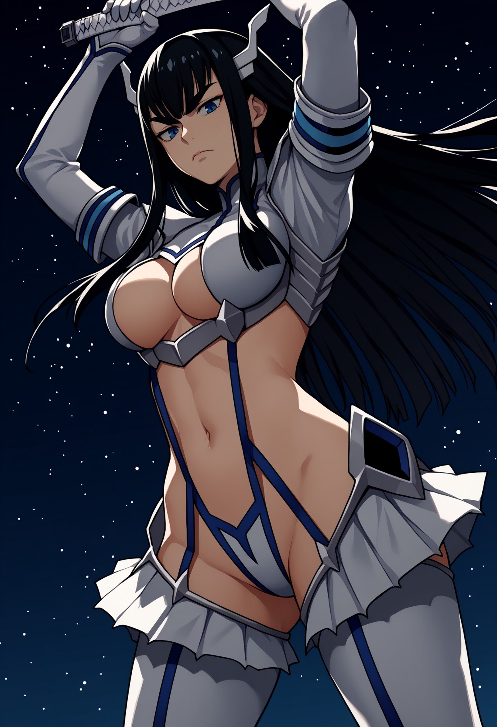 score_9, score_8_up, score_7_up, source_anime BREAK 1girl, looking at viewer, cowboy shot, looking down, <lora:KiryuuinSatsukiDwnsty:1>,  satsuki_armor, black hair, revealing clothes, blue eyes, frilled thighhighs, white gloves, large breasts, narrowed eyes, raised eyebrows, holding weapon, sword, katana, holding, arms up, hands up, outdooors, starry sky, light particles, night, skyline, from below, dutch angle, abstract background,