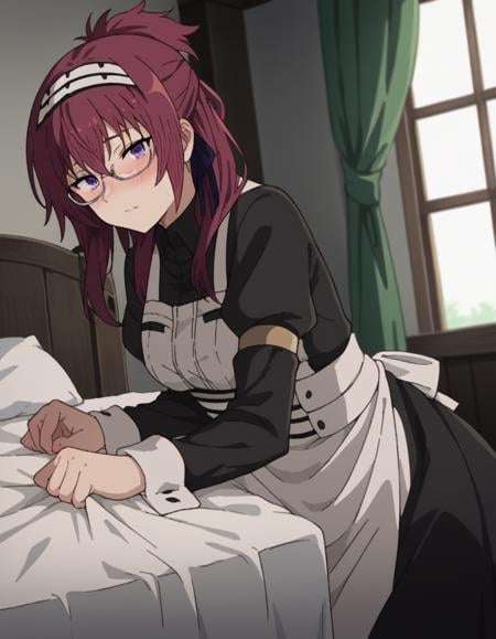 score_9, score_8_up, score_7_up, source_anime,lilyagreyrat, <lora:lilya-greyrat-s1-ponyxl-lora-nochekaiser:1>,lilya greyrat, purple eyes, red hair, glasses,long sleeves, dress, pantyhose, apron, maid, maid headdress, maid apron,indoors, bed, bed room, on side, blush, drunk,looking at viewer, dutch angle, cowboy shot,