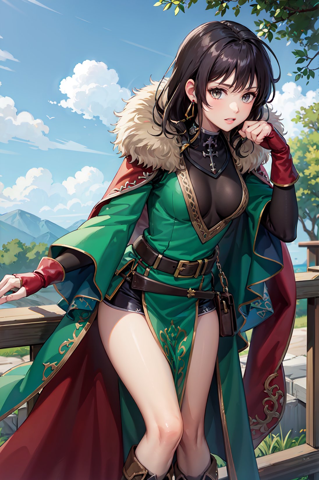 Leaning against an invisible tree,guilt,feet out of frame,<lora:mareetaV1-000014:0.7>,asc_mareeta, jewelry, belt, red cape, earrings,looking at viewer, fingerless gloves, fur trim, gloves, medium breasts, knee boots, belt pouch, pouch, green dress, long sleeves, pelvic curtain, green gloves,outdoors,(masterpiece, best quality, ultra-detailed, best shadow)