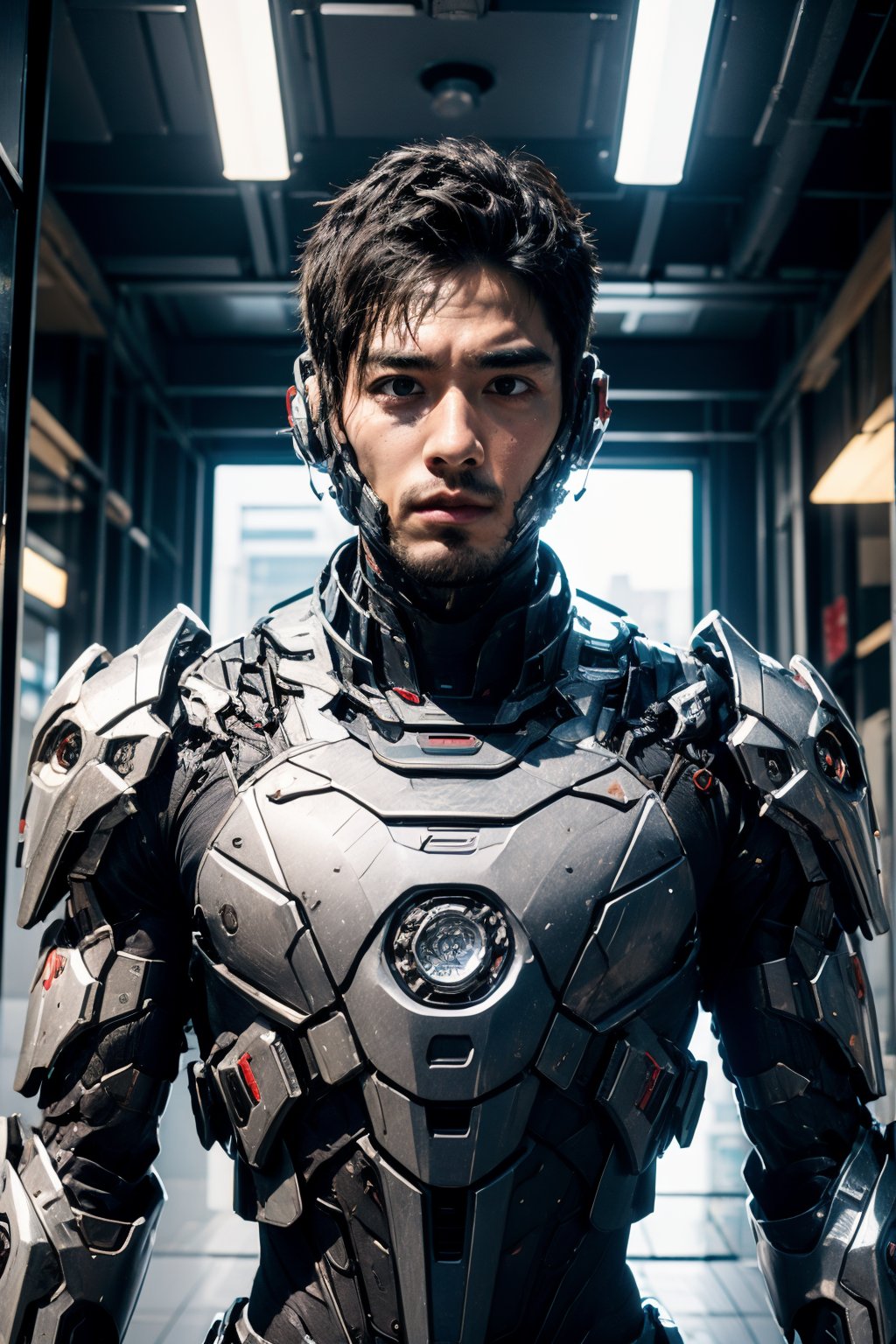 boy, realistic, indoors, looking at viewer, side face, upper body, cyberpunk armor,