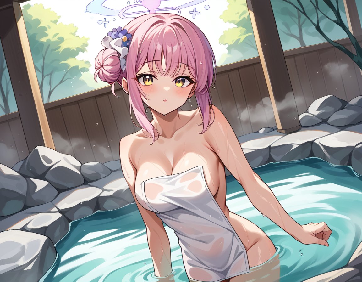 score_9, score_8_up, score_7_up, source_anime,mikamisono, <lora:mika-misono-ponyxl-lora-nochekaiser:1>,mika misono, yellow eyes, pink hair, hair bun, halo, single side bun,nude, naked, outdoors, onsen, towel, naked towel, steam, bathing, nude cover, partially submerged, water, bath, steam censor, wet towel,looking at viewer, cowboy shot, dutch angle,