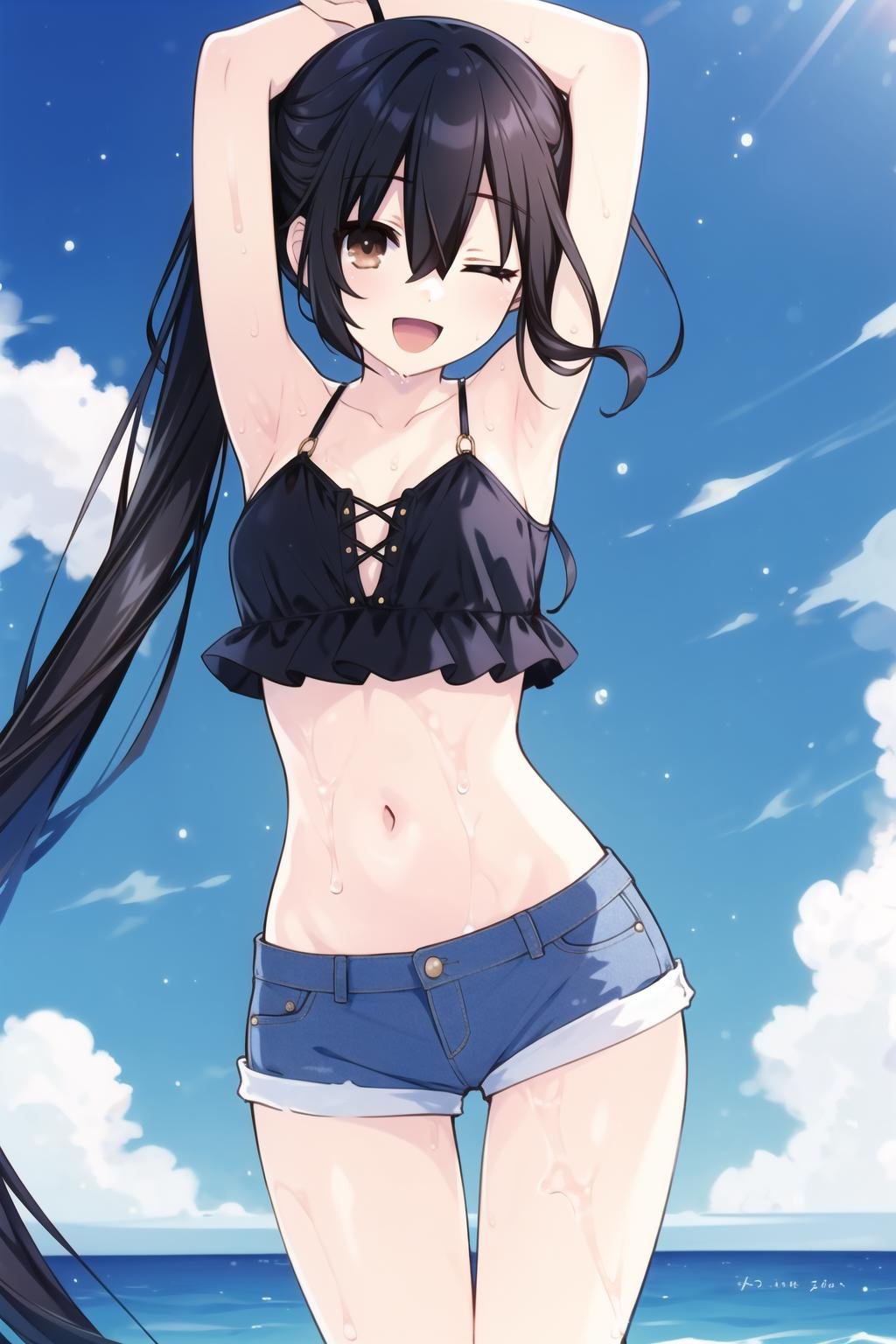 1girl, solo, one eye closed, swimsuit, bikini, navel, long hair, twintails, black hair, smile, ;d, shorts, black bikini, open mouth, looking at viewer, stomach, denim, bare shoulders, cowboy shot, short shorts, bare arms, v, brown eyes, open fly, denim shorts, armpits, thigh gap, collarbone, wet, arm up, bangs, string bikini, water, very long hair, hair between eyes, standing, sidelocks, blue shorts, halterneck, thighs, frilled bikini, frills