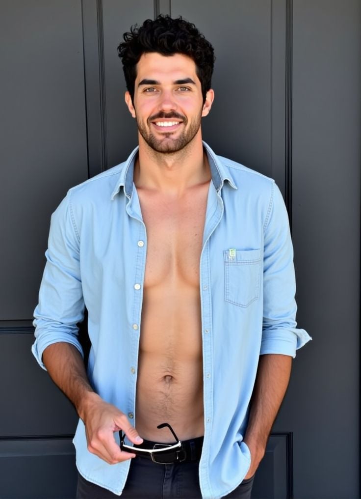 chris underwood ,  stands confidently in front of a dark gray wall. He wears a light denim shirt,  unbuttoned at the top b...