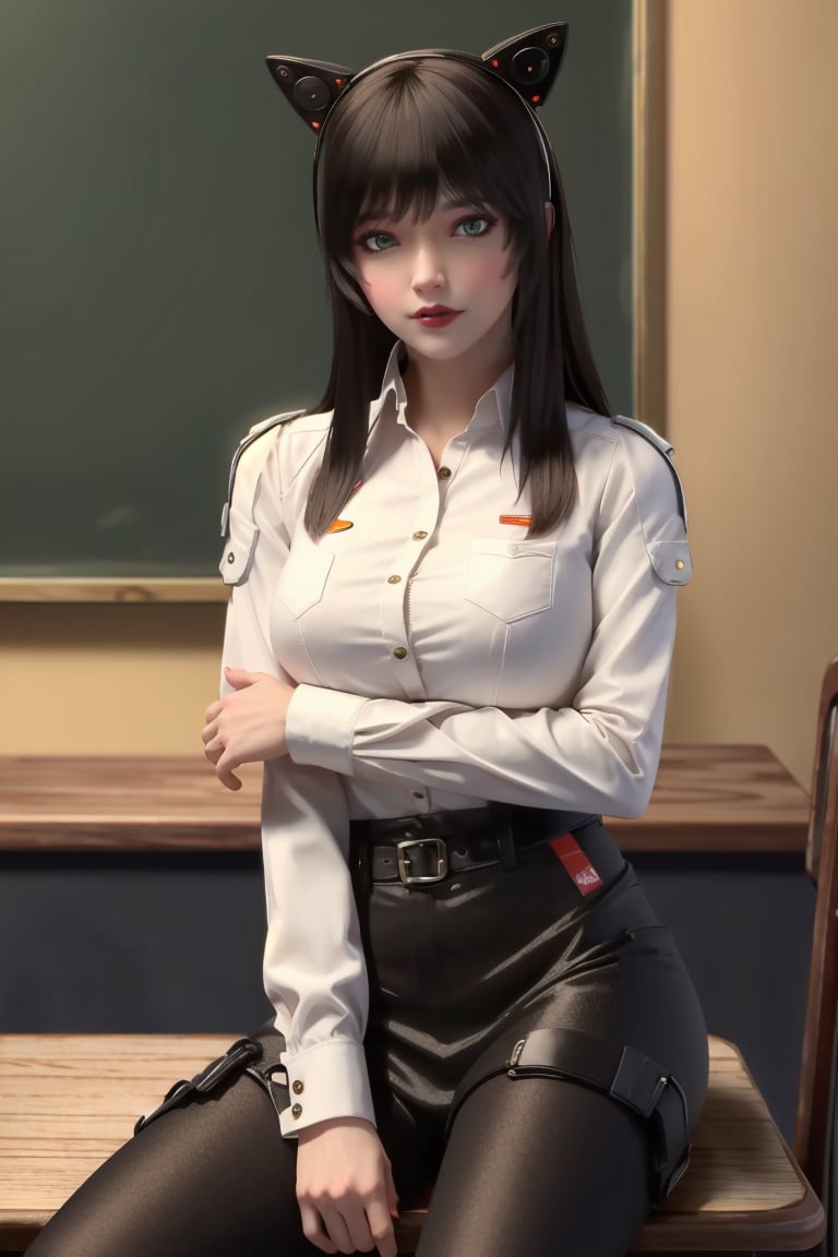 ((HRD, HUD, 8K)),((masterpiece, best quality)), highly detailed, 1girl, solo, long hair, black hair, brown hair, bangs, green eyes, lips, red lips,animal ears, fake animal ears, cat ears,(white shirt:1.2), black pantyhose, simple background, classroom, chalkboard, cowboy shot, sitting on chair, looking at viewer, <lora:20240108-1704688160304:0.7>