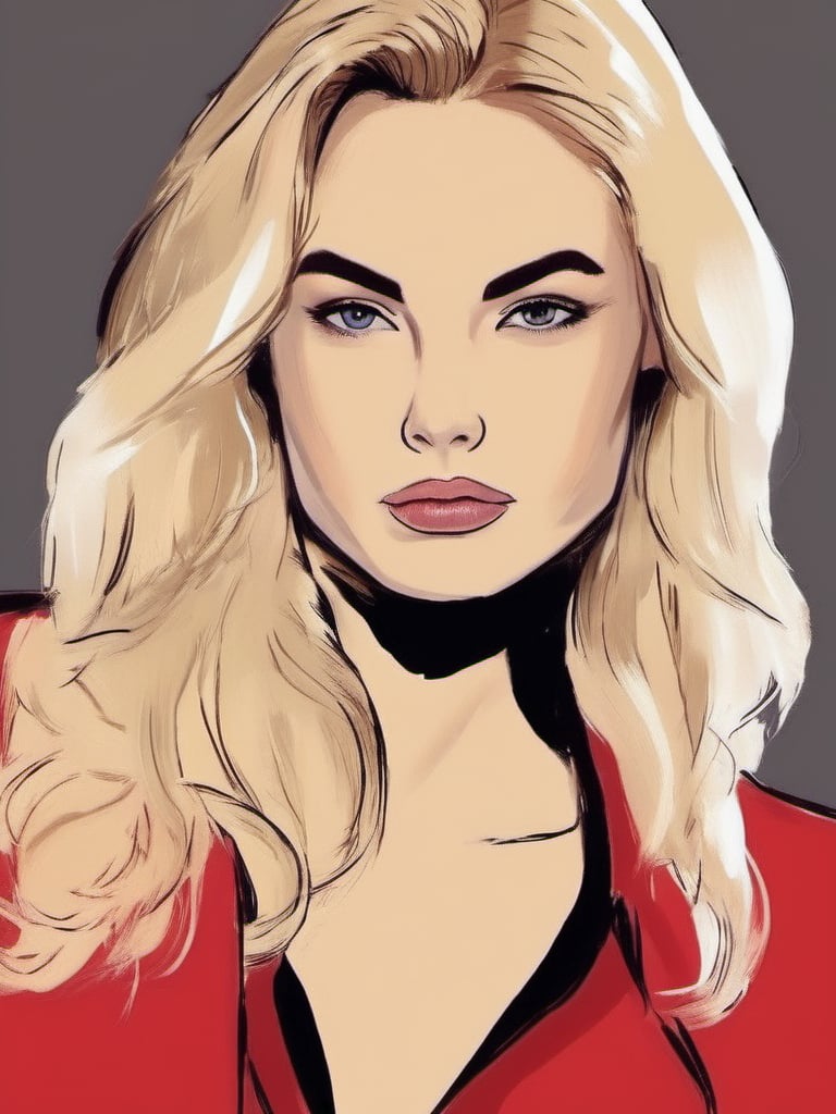 1NK , <lora:1NK:1>The image a digital illustration of a young woman with blonde hair. She is wearing a black blazer over a red top and black pants. Her hair is styled in loose waves and falls over her shoulders. She has a serious expression on her face and is looking directly at the viewer. The background is a plain beige color. The illustration is done in a sketch-like style with loose brushstrokes.