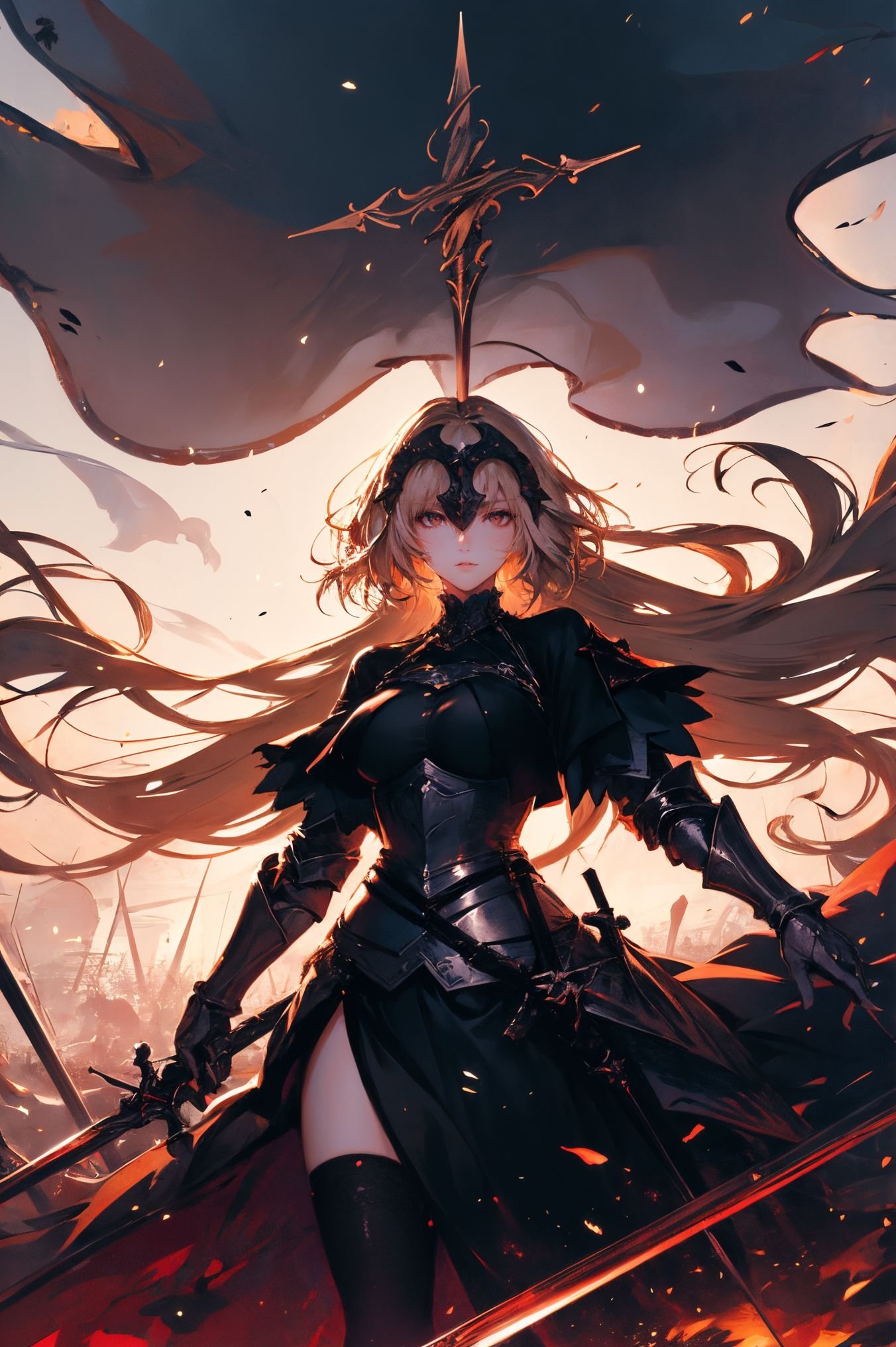 a stunning art,abstract,flowery,predominantly white,dynamic pose,centered,key visual,intricate,highly detailed,breathtaking beauty,precise lineart,vibrant,comprehensive,cinematic,xuer Jeanne D Arc,<lora:绪儿-黑贞德 xuer Jeanne D Arc:0.8>,