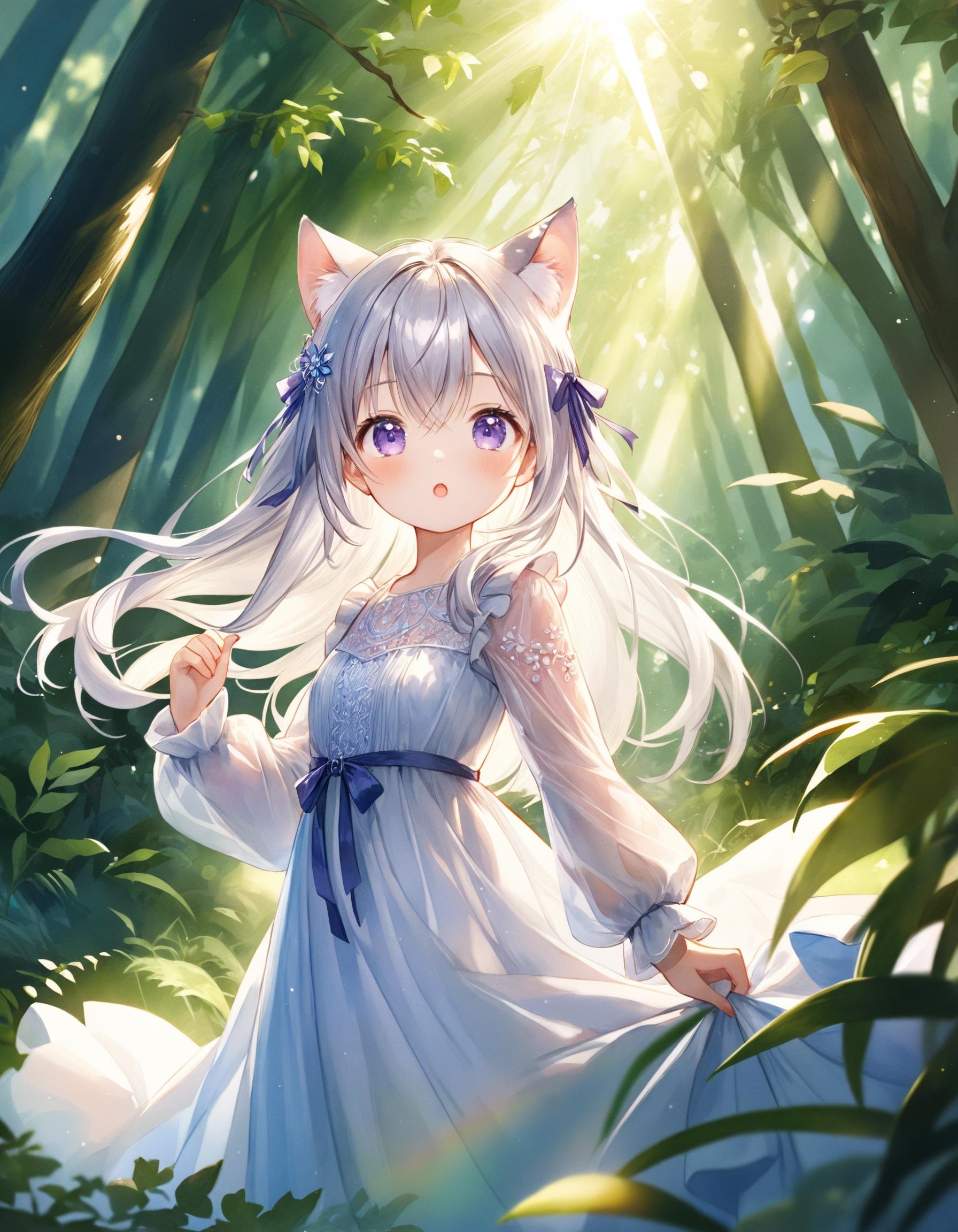 Cowboy shot. Cinematic angle. A very cute girl. (Chibi:0.45). (Round face:1.2). Detailed dark-purple eyes. Long straight hair with ribbon ornament, (shine silver hair), (shine silver inner hair), cat ears and hair between eyes. Detailed body. Small breasts. White chiffon maxi dress and ruffled long sleeves. :o Cute pose. Looking at viewer. Deep forest. Sunlight filtering through trees. Daytime. (Natural lighting:1.4). Cute style. Watercolor. Intricate details. Extremely detailed. Outstanding intricacies. (Masterpiece:1.2). (Best quality:1.2). (Absurdres absolutely resolution:1.4).