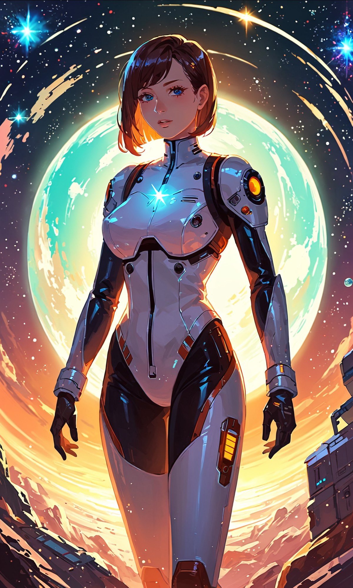 score_9, score_8_up, score_7_up, cinematic lighting, vivid, 1girl, A female space pilot in a sleek, futuristic suit, standing next to her spaceship, cosmos background, masterpiece, absurdres, dynamic, high-resolution, highly detailedб  <lora:MJ52:1>