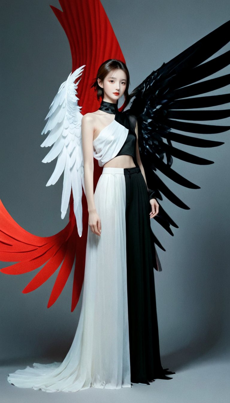 <lora:xl-shanbailing-0112yin_yang:0.8>,(1girl:1.2),wings,(solo:1.2),left and right different colors,color patches,contrast,concept clothing,garment draping,black,red,