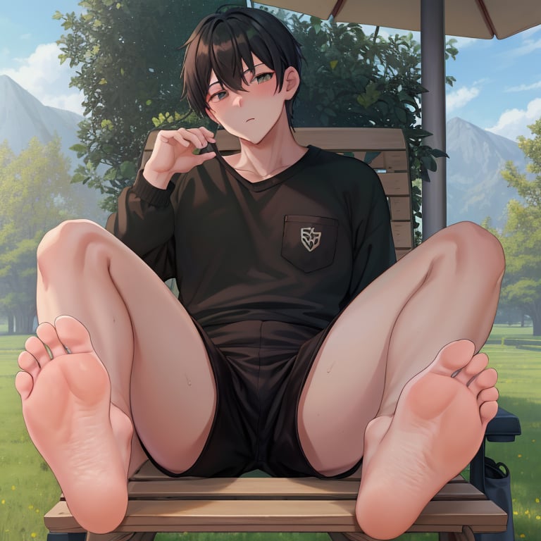 a cozy warm photo of manly villager man showing his feet on bench, foot_focused, wearing black boxer-shorts, green field photo, sitting in tall chair, feet up, barefoot, toes, soles, long legs, bent knees, spread legs pose,    <lora:footpose-v2:0.85>