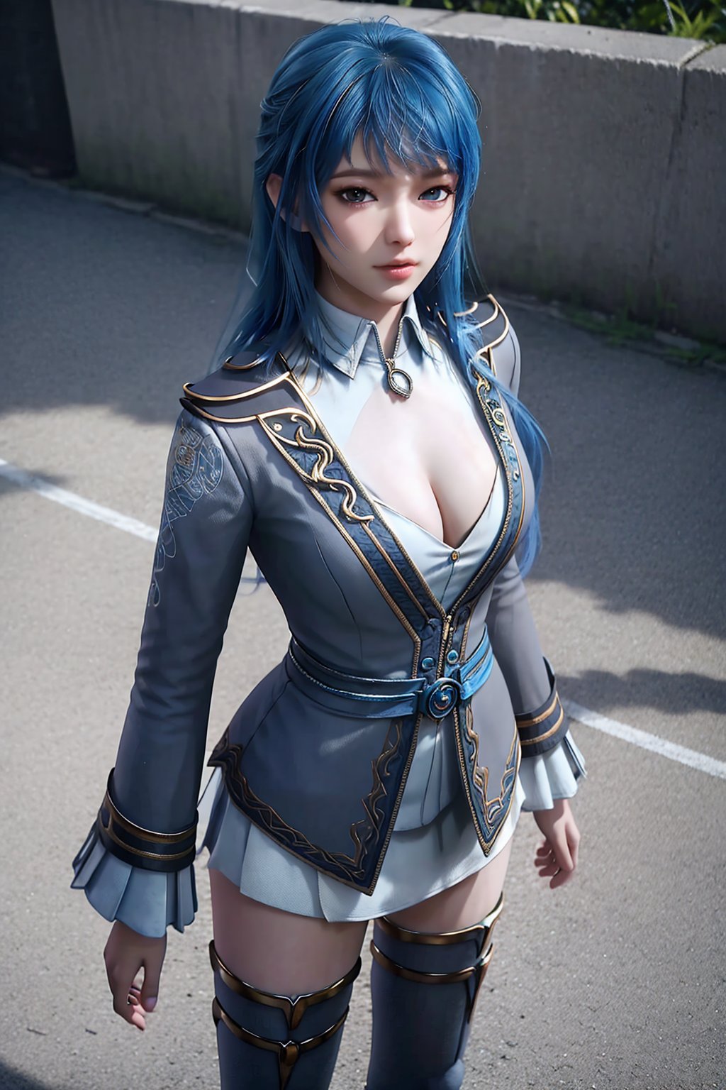 (8k, RAW photo, best quality, masterpiece:1.2),(realistic, photorealistic:1.3), ultra-detailed, extremely detailed cg 8k wallpaper,(crystalstexture skin:1.2), extremely delicate and beautiful,blue_hair, 1girls, multiple_girls, long_hair, thighhighs, boots,(full shot), (breasts, medium_breasts, cleavage), looking_at_viewer, standing, spread legs, 