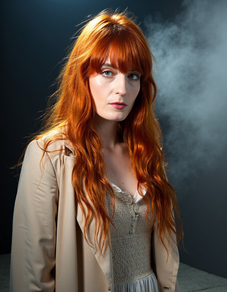 cinematic, candid, long natural red hair in cascade style,  (well-lit face), posing with an attitude  standing in a photo studio, wearing a summer dress, and a coat, foggy effect on the floor,  pro lighting, high-res, 4k, spotlight her classically beautiful face, photo realistic, real photography, a few tints of surrealism [grainy film: 0.8], detailed eyes,  <lora:Florence Welch:1>