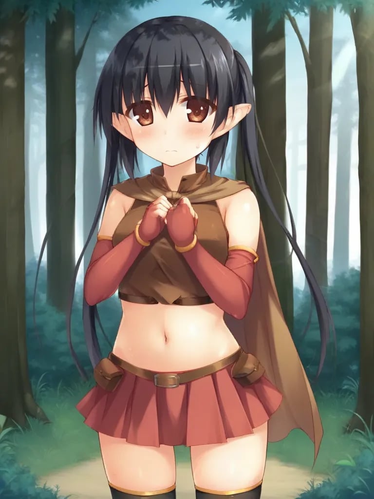 <lora:lucheforforestpony:0.8>1girl, solo, luceeoff black hair, twintails, brown eyes, pointy ears, brown croptop, sleeveless, navel, cape, elbow gloves, fingerless gloves, skirt, miniskirt, thighhighs, standing, outdoors, forest, cowboy shot, looking at viewer, nervous