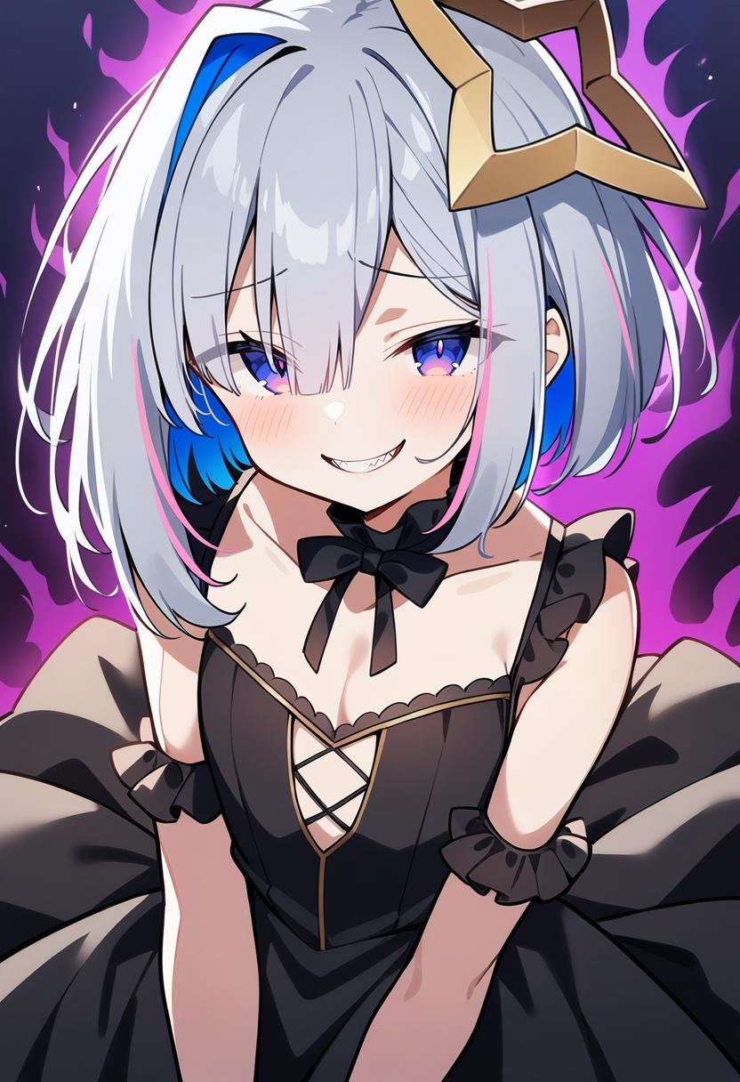 1girl, solo, amane kanata, short hair, silver hair, blue eyes, flat chest, black dress, frills, cleavage, evil smile,aura, masterpiece, best quality, very aesthetic, absurdres,