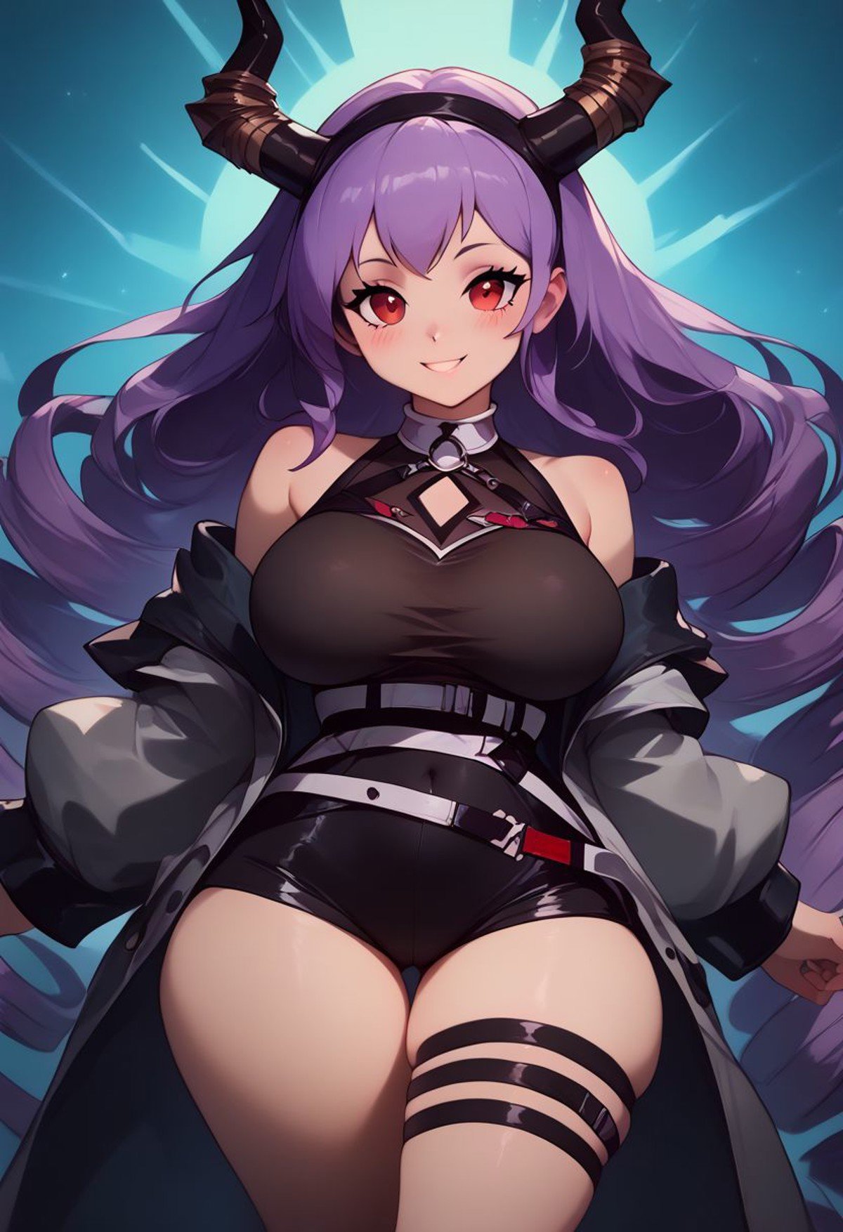 score_9, score_8_up, score_7_up, pretty girl, vivid bright colors, highly sexual poses, pinup art, medium breasts, (curvy), cute, eyelashes, Expressiveh,BREAK, , patTyphon, very long hair, purple hair, sidelocks, drill hair, twin drills, red eyes, black hairband, horns, open coat, grey coat, long sleeves, sleeveless shirt, black shirt, clothing cutout, bare shoulders, belt, buckle, covered navel, black leotard, black shorts, thigh strap, thigh belt, asymmetrical legwear, single thighhigh, black thighhighs, socks, grey footwear, wide hips, narrow waist,cowboy shot, smile, blush, 