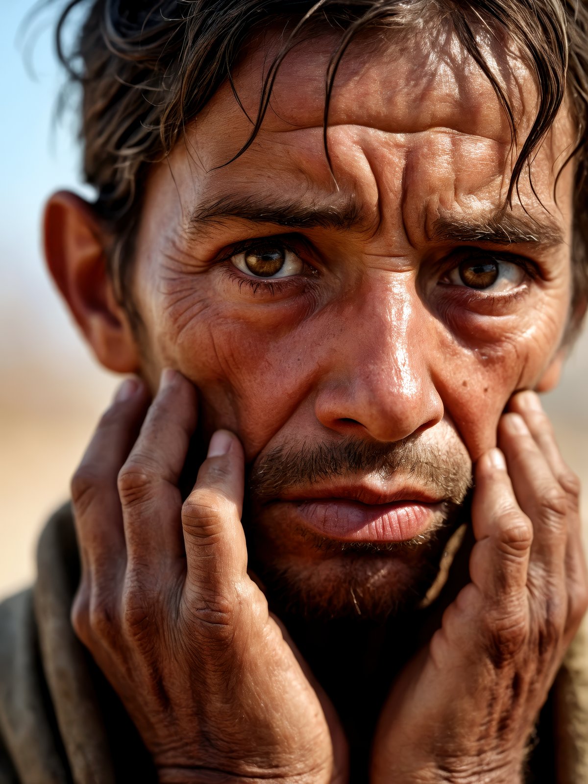 Close-up portrait of a climate refugee, weathered hands clasped, eyes reflecting both despair and unwavering determination, hyper realistic, natural lighting, shallow depth of field