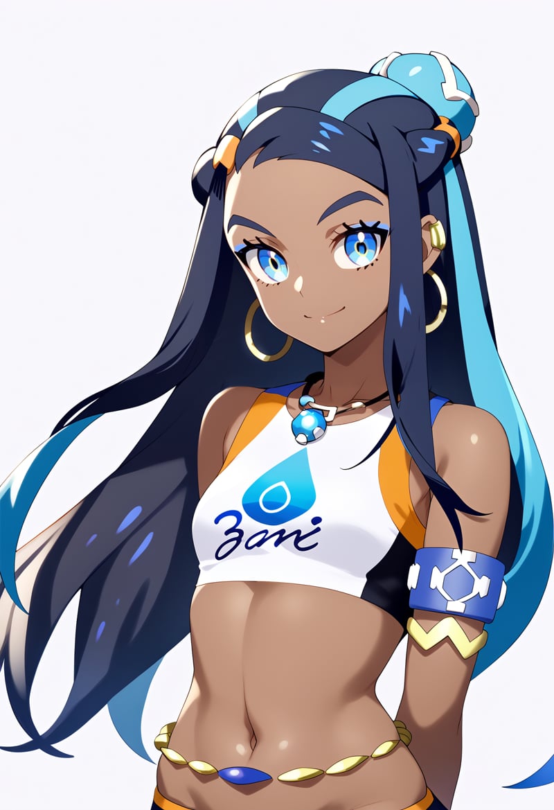 score_9, score_8_up, score_7_up, BREAK,1girl, nessa, black hair, blue hair, long hair, multicolored hair, blue eyes, blue hair,dark skin, single hair bun,armlet,  crop top, hoop earrings, necklace, belly chain,arms behind back, smile, upper body, standing, looking at viewer, solo, simple background, white background   <lora:NessaXL:1>