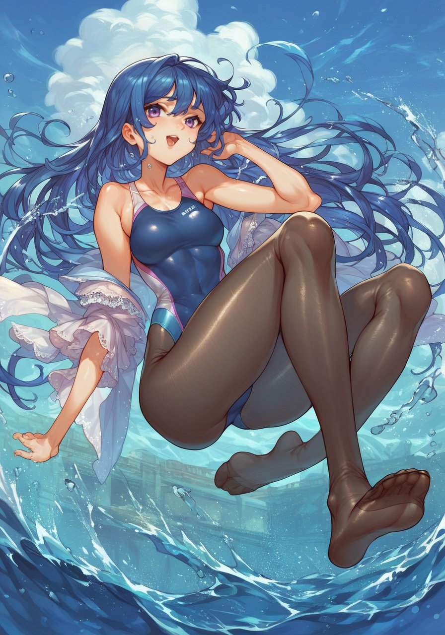 score_9, score_8_up, score_7_up, score_6_up, high quality, masterpiece, 8k, highres, highly detailed,anime,1girl, no shoes, innocent, pantyhose, blue hair, long hair, competition swimsuit, water splashes, sunny day, purple eyes, 