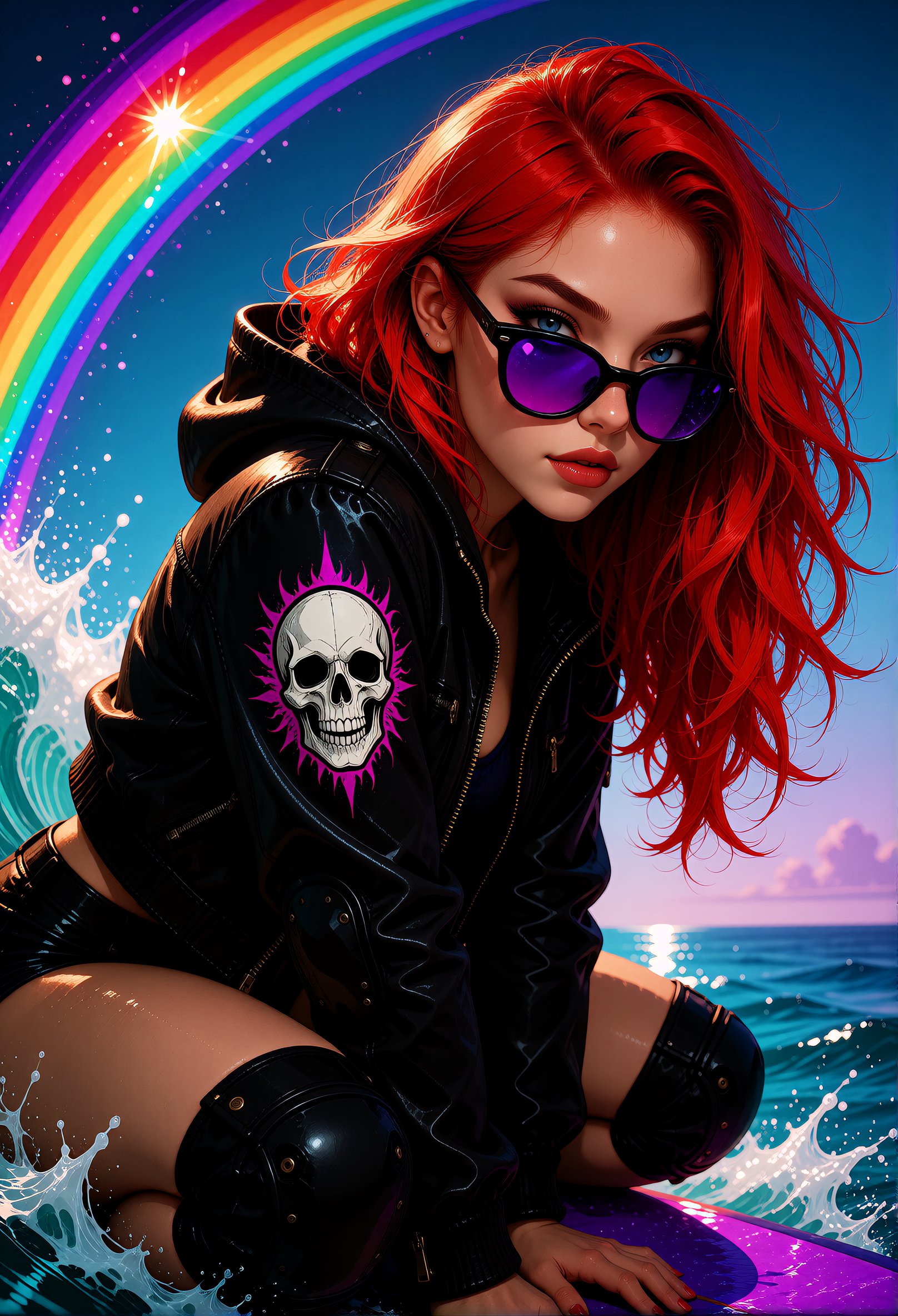 A vibrant and dynamic digital illustration of a adult woman with vibrant red hair,  wearing a black leather jacket with a...