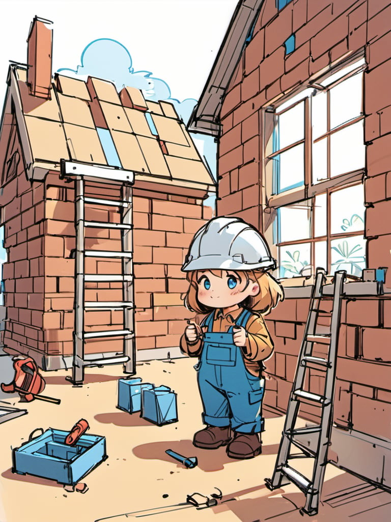 <lora:luXL毛躁手绘Fuzzylines_lora_resized:0.6>, fuzzylines, sketch, a cute little worker is working in a construction field, buding house with bricks, ladder, tools,