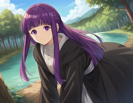 score_9, score_8_up, score_7_up, source_anime,fern, <lora:fern-s1-ponyxl-lora-nochekaiser:1>,fern, long hair, bangs, purple eyes, purple hair, sidelocks, blunt bangs, bright pupils, half updo,long sleeves, dress, white dress, long dress, robe, black robe,outdoors, nature, forest, trees, river, sun, sky, clouds, bent over,looking at viewer, cowboy shot, dutch angle,