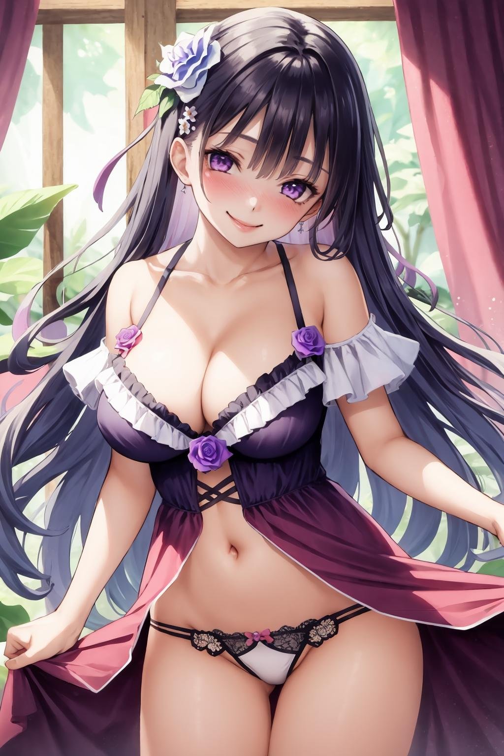 1girl, breasts, solo, purple eyes, black hair, long hair, hair ornament, flower, looking at viewer, navel, pelvic curtain, large breasts, smile, hair flower, dress, cleavage, thighs, bangs, frills, revealing clothes, bare shoulders, blush, purple flower, closed mouth, rose, collarbone, underwear, very long hair, purple rose