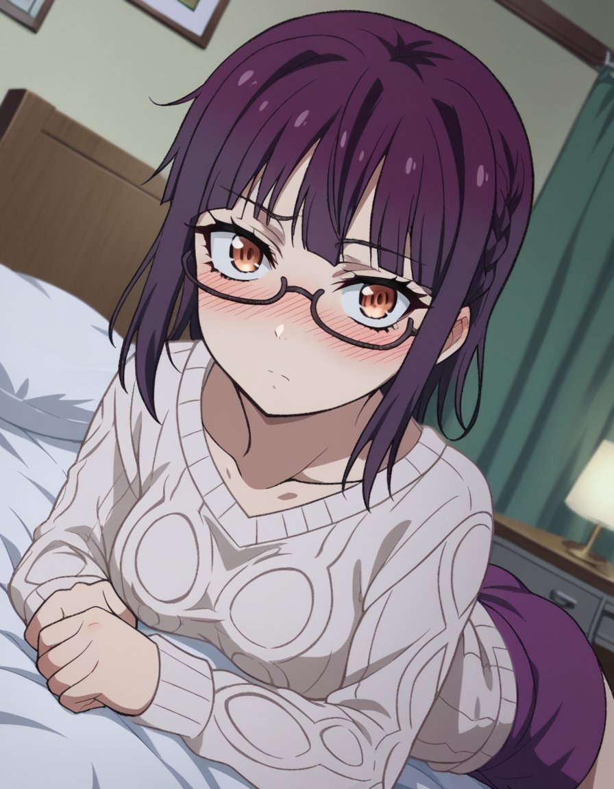 score_9, score_8_up, score_7_up, source_anime,sumikafujimiya, <lora:sumika-fujimiya-s1-ponyxl-lora-nochekaiser:1>,sumika fujimiya, brown eyes, purple hair, braid, glasses, semi-rimless eyewear, under-rim eyewear,sweater, long sleeves, collarbone, skirt, purple skirt,indoors, bed, bed room, on side, blush, drunk,looking at viewer, dutch angle,